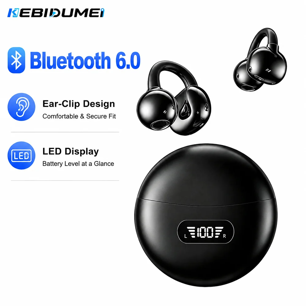 Open Ear Air Conduction Headphones - KEBIDUMEI บลูทูธ 6.0 หูฟังแบบเปิดหูคลิปหูฟังจอแสดงผลดิจิตอล LED ENC