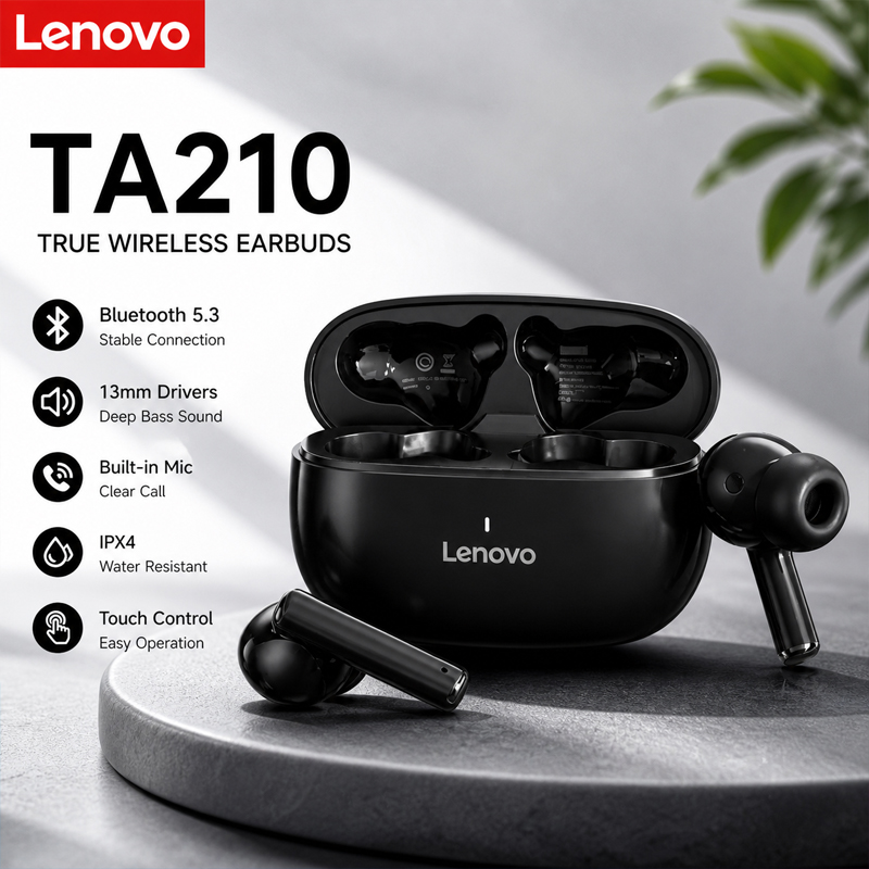 Anc Wireless Over Ear Headphones - หูฟังไร้สายบลูทูธ Lenovo TA210 รุ่นใหม่ พร้อมไมโครโฟนในตัว ช่องเสียบชาร์จ