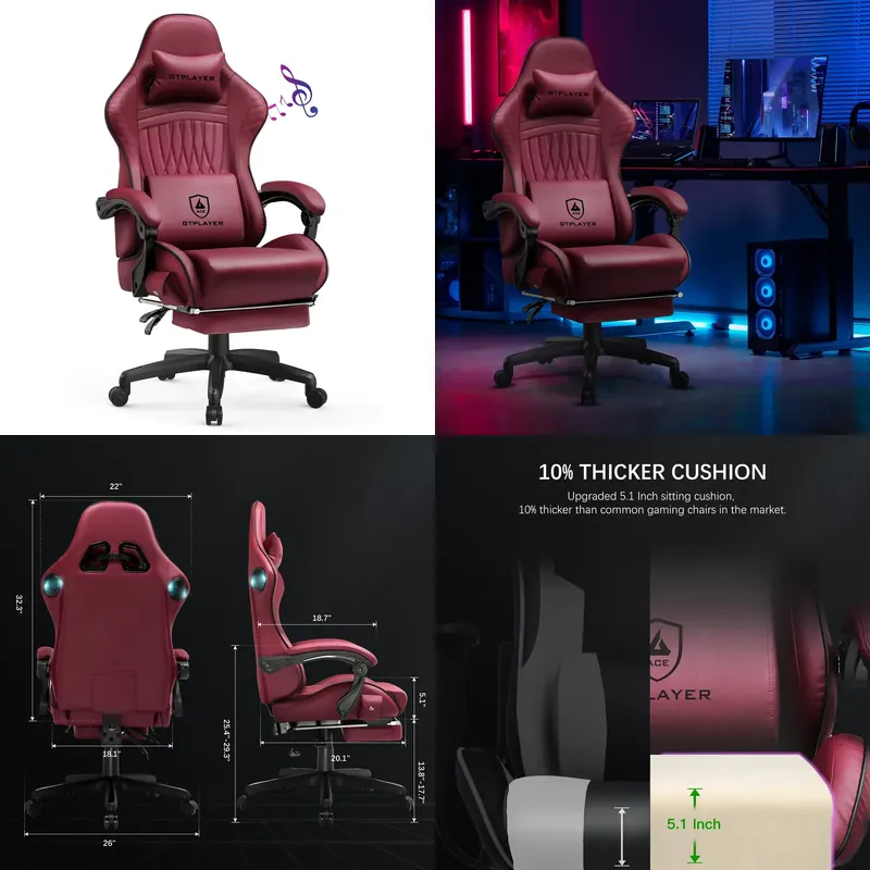 Speakers - เก้าอี้เกมมิ่ง GTPLAYER พร้อมลำโพง, เก้าอี้ปรับเอนได้หุ้มหนังเทียมตามหลักสรีรศาสตร์ พร้อมที่พักเท้า, เก้าอี้สำหรับคอมพิวเตอร์แบบหมุนได้